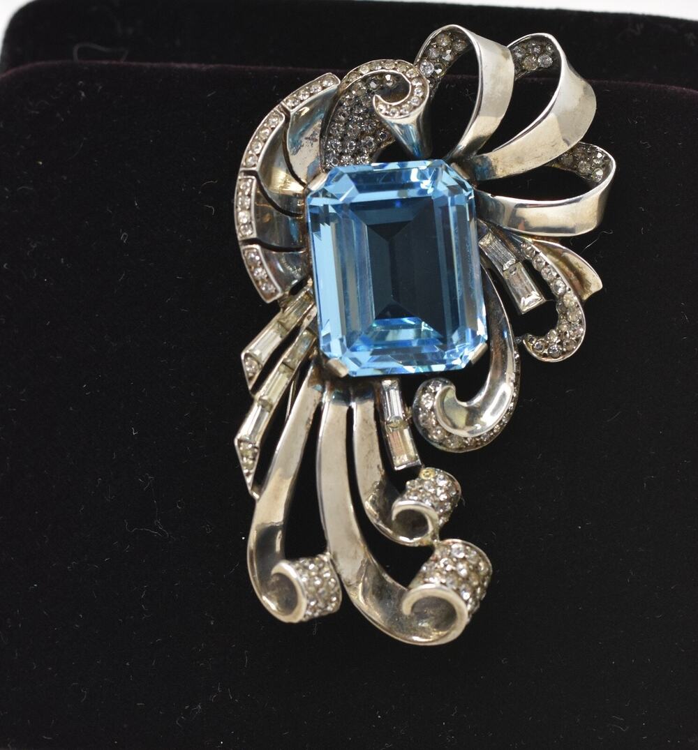 Vintage Signed Marcel Boucher 925 Sterling Silver Aquamarine Crystal Brooch Pin